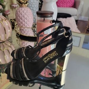 Salvatore Ferragamo Black and Gold Women's Heels